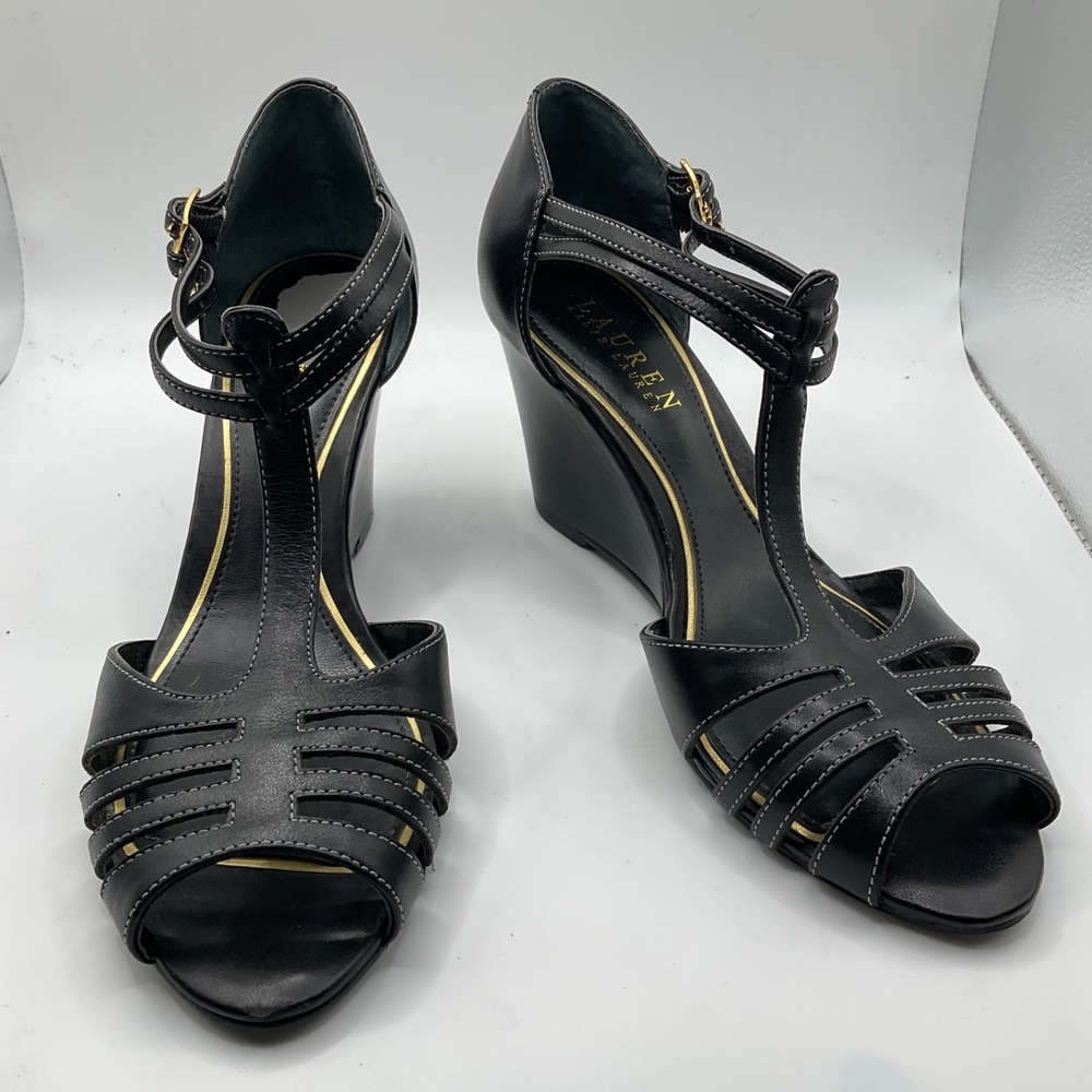 Ralph Lauren T-Strap Wedge Sandals‎ Leather Black Open Toe Cut Out Classy 7M